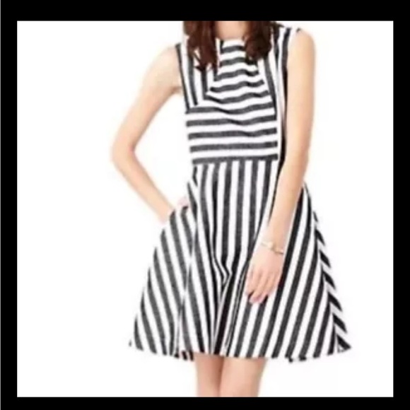 Kate Spade Saturday Fit & Flare Dress 8 Striped Linen Blend White Black - Picture 1 of 8